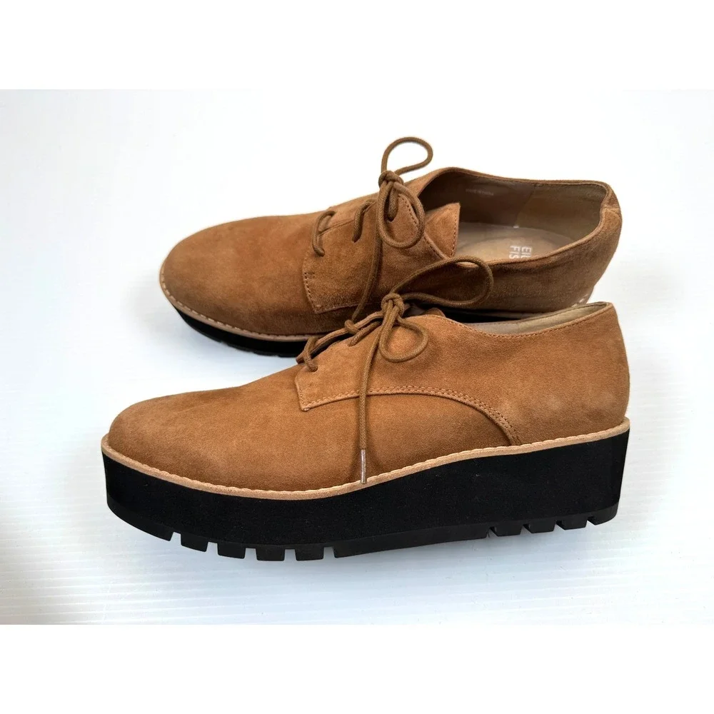Eileen Fisher Eddy Suede Platform Oxford Shoes Women 8 EUC Lace-up Leather Wedge